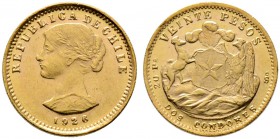 Chile. Republik. 20 Pesos (2 Condores) 1926. Libertasbüste. KM 168, Fr. 56. 3,66 g Feingold (900er) prägefrisch