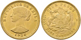 Chile. Republik. 100 Pesos (10 Condores) 1926. Libertasbüste. KM 170, Fr. 54. 18,30 g Feingold (900er) 
minimale Kratzer, vorzüglich-prägefrisch