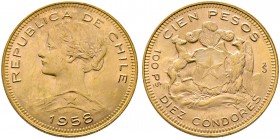 Chile. Republik. 100 Pesos (10 Condores) 1958. Libertasbüste. KM 175, Fr. 54. 18,30 g Feingold (900er) 
minimale Kratzer, vorzüglich-prägefrisch