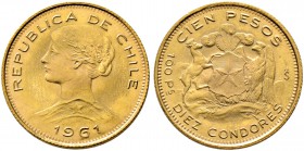 Chile. Republik. 100 Pesos (10 Condores) 1961. Libertasbüste. KM 175, Fr. 54. 18,30 g Feingold (900er) prägefrisch