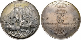 Dänemark. Christian V. 1670-1699. Versilbertes Bronzemedaillon 1677 von Christopher Schneider, auf die dänischen Seesiege 1676 und speziell den in der...