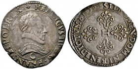 Frankreich-Königreich. Henri III. 1574-1589. Franc d'argent 1580 -Saint-Lo-. Belorbeertes Brustbild im Harnisch nach rechts, darunter die Münzstätteni...