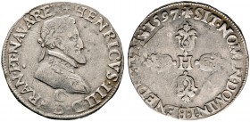 Frankreich-Königreich. Henri IV. 1589-1610. Demi Franc 1597 -Saint-Lo- Belorbeertes Brustbild nach rechts, darunter die Münzstätteninitiale / Initiale...