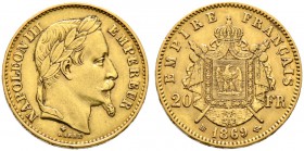 Frankreich-Königreich. Napoleon III. 1852-1870. 20 Francs 1869 -Straßburg-. Gad. 1062, Fr. 585, Schl. 366. 6,44 g 
sehr schön-vorzüglich