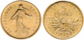 Frankreich-Königreich. Fünfte Republik seit 1958. 5 Francs - Dickabschlag (PIEDFORT) in GOLD 1972. Nach dem Modell von L.O. Roty. Säerin. Mit glattem ...