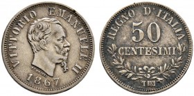 Italien-Königreich. Victor Emanuel II. 1861-1878. 50 Centesimi 1867 -Turin-. Pagani 533 (R2), Montenegro 220 (R3), Gigante 82. sehr selten, feine Pati...