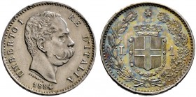 Italien-Königreich. Umberto I. 1878-1900. Lira 1884 -Rom-. Pagani 602, KM 24.1. 
Prachtexemplar mit feiner Patina, fast Stempelglanz