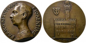 Italien-Königreich. Victor Emanuel III. 1900-1946. Bronzegussmedaille 1908 unsigniert. Brustbild des Enrico Rigutini aus Florenz nach links / Kastell,...