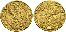 Italien-Bologna. Giovanni II. Bentivoglio 1446-1506. Doppio ducato (2 Bolognino d'oro) o.J. Löwe mit Banner nach links / Hl. Petronius von vorn throne...