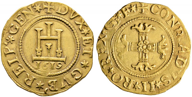Italien-Genua. 2 Doppie 1619. Stilisiertes Kastell, darunter die Jahreszahl / Bl...