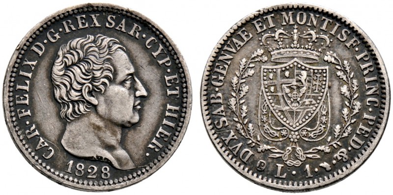 Italien-Sardinien. Carlo Felice 1821-1831. Lira 1828 -Turin-. Pagani 104a. feine...