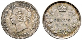 Kanada. 5 Cents 1875 -Heaton-. Small date. KM 2. 
selten-besonders in dieser Erhaltung, feine Patina, minimale Kratzer, vorzüglich
