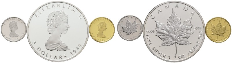 Kanada. 3-tlg. Set "Maple Leaf" 1989. Bestehend aus: 5 Dollars Gold (1/10 Unze),...