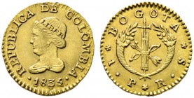 Kolumbien. Republik ab 1821. Peso 1836 -Bogota-. Libertasbüste. KM 84, Fr. 73. 1,48 g Feingold (875er) 
kleiner Randfehler bei zwölf Uhr, fast vorzügl...