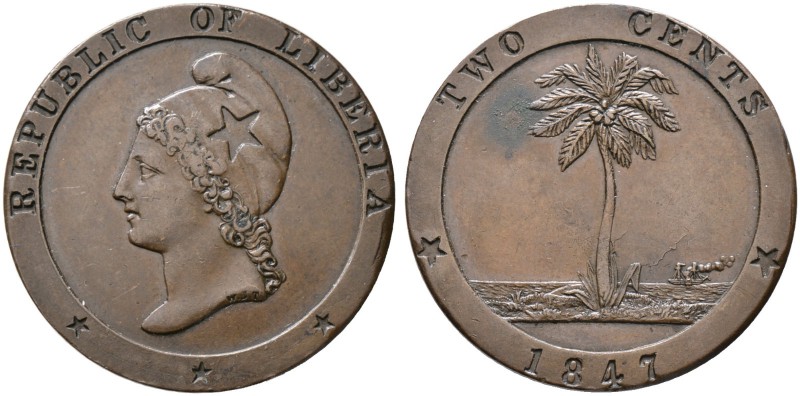 Liberia. Cu-2 Cents 1847. Kopf der Liberty mit phrygischer Kappe nach links / Pa...