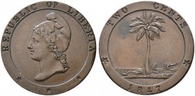 Liberia. Cu-2 Cents 1847. Kopf der Liberty mit phrygischer Kappe nach links / Palmbaum. KM 2. 
kleiner Fleck auf dem Revers, fast vorzüglich