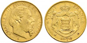 Monaco. Charles III. 1856-1889. 20 Francs 1878 -Paris-. Gad. 64, Fr. 12, Schl. 6. 6,43 g sehr schön
