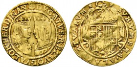 Niederlande-Zwolle. Doppeldukat o.J. (1590-97) Spanischer Typ. Gekrönte Brustbilder Ferdinands und Isabella von Spanien einander gegenüber, dazwischen...
