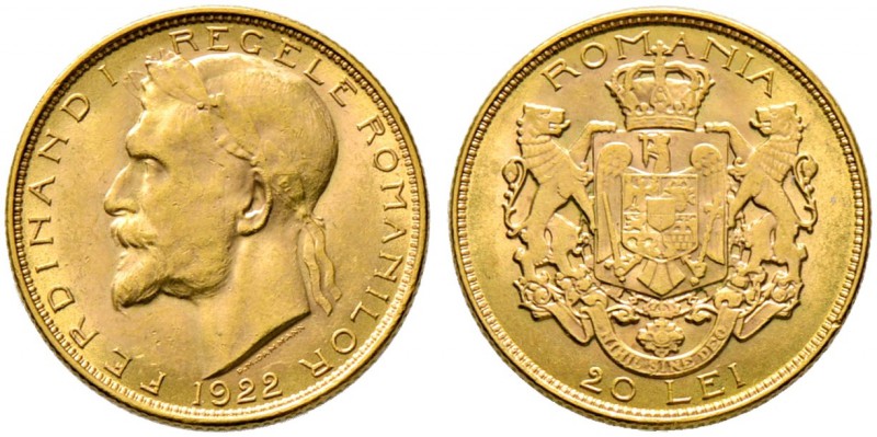 Rumänien. Ferdinand I. 1914-1927. 20 Lei 1922 -London-. Auf seine Krönung. Schäf...