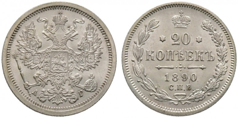 Russland. Alexander III. 1881-1894. 20 Kopeken 1890 -St. Petersburg-. Bitkin 109...