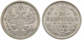 Russland. Alexander III. 1881-1894. 20 Kopeken 1890 -St. Petersburg-. Bitkin 109, Uzdenikov 2036. 
Prachtexemplar, Stempelglanz