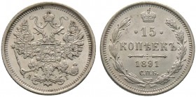 Russland. Alexander III. 1881-1894. 15 Kopeken 1891 -St. Petersburg-. Bitkin 124, Uzdenikov 2044. Prachtexemplar, Stempelglanz