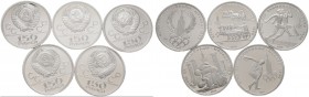 Russland. UDSSR. 5-tlg. PLATIN-Satz "Olympische Spiele 1980 in Moskau", bestehend aus: 150 Rubel 1977. Olympiaemblem, 150 Rubel 1978. Diskuswerfer, 15...