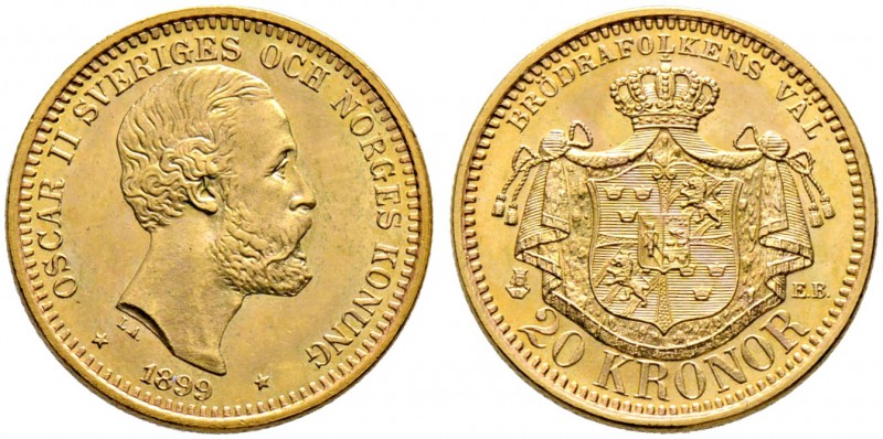 Schweden. Oskar II. 1872-1907. 20 Kronor 1899. Fr. 93a, Schl. 129. 9,01 g prägef...