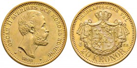 Schweden. Oskar II. 1872-1907. 20 Kronor 1899. Fr. 93a, Schl. 129. 9,01 g prägefrisch