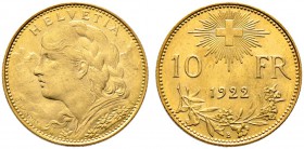 Schweiz-Eidgenossenschaft. 10 Franken 1922 B. Vreneli. DT 294, HMZ 2-1196g, Fr. 504. 3,23 g minimale Kratzer, vorzüglich