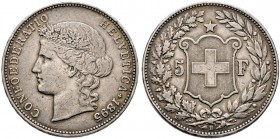 Schweiz-Eidgenossenschaft. 5 Franken 1895. Helvetia. DT 297, HMZ 2-1198g, Dav. 392. 
seltener Jahrgang, minimale Randfehler, sehr schön