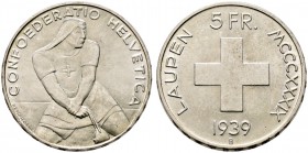 Schweiz-Eidgenossenschaft. 5 Franken 1939. Laupen. DT 330, HMZ 2-1223b. vorzüglich