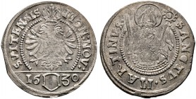 Schweiz-Schwyz. Dicken 1630. Gekrönter Doppeladler, im Abschnitt das Schwyzerwappen zwischen der Jahreszahl / Hl. Martin mit Mitra, Nimbus, Krummstab ...