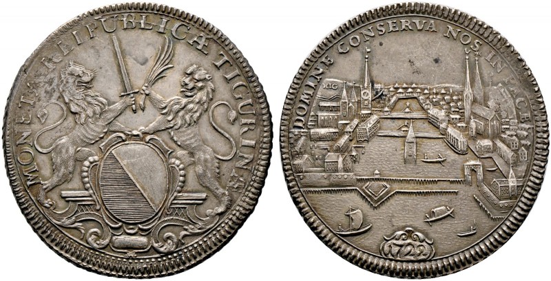 Schweiz-Zürich, Stadt. Taler 1722. Ovales Zürcherwappen auf Postament mit zwei e...