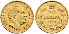 Serbien. Milan I. 1882-1889. 20 Dinara 1882 -Wien-. Fr. 4, Schl. 2. 6,44 g sehr schön-vorzüglich