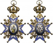 Serbien. Petar I. 1903-1918. St. Sava-Orden, Kommandeurkreuz. 2. Modell (der Heilige im grünen Mantel) ab 1915. Silber-vergoldet und Emaille, an beweg...