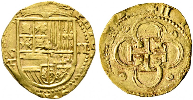 Spanien. Philipp II. 1556-1598. 2 Escudos o.J. -Sevilla-. Gekröntes Wappen / Kre...