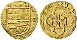 Spanien. Philipp II. 1556-1598. 2 Escudos o.J. -Sevilla-. Gekröntes Wappen / Kreuz im Vierpass, in den Winkeln Ringel. CCT 51 (?), Fr. 169. 6,75 g seh...