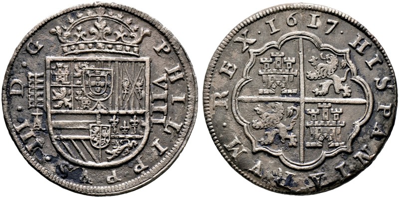 Spanien. Philipp III. 1598-1621. 8 Reales 1617 -Segovia-. Gekröntes Wappen zwisc...