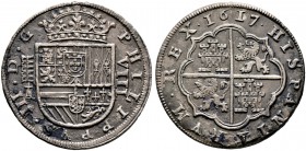 Spanien. Philipp III. 1598-1621. 8 Reales 1617 -Segovia-. Gekröntes Wappen zwischen Münzzeichen Aquädukt und Kreuz über "A" sowie der römischen Wertzi...