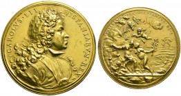 Spanien. Carl III. 1703-1714. Vergoldete Bronzemedaille o.J. (1703) von G. Ortolani, auf seinen Regierungsantritt. Brustbild im Harnisch mit umgelegte...
