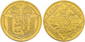 Tschechoslowakei. 4 Dukaten 1928 -Kremnitz-. Auf den 10. Jahrestag der Republik. St. Wenzel mit Heerschaar über Staatswappen / Hl. Prokop läßt den Teu...