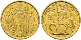 Tschechoslowakei. 5 Dukaten 1929 -Kremnitz-. Auf den 1000. Jahrestag der Christianisierung Böhmens. Hl. Wenzel mit Banner und Schwert / Hl. Wenzel zu ...