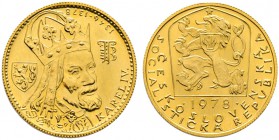 Tschechoslowakei. Dukat 1978 -Kremnitz-. Auf den 600. Todestag Karl IV. Historisches Porträt des Königs mit der böhmischen Bügelkrone / Staatswappen. ...