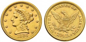 USA. 2 1/2 Dollars 1884. -Philadelphia-. Liberty Head. KM 72, Fr. 114. 4,18 g winzige Kratzer, vorzüglich