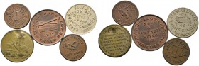 USA. Lot (5 Stücke): Token in Nickel, Kupfer und Messing. Chicago 1871, New York 1837, 1863 und o.J. sowie United States Copper 1 Cent o.J. 
interessa...
