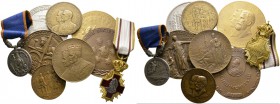 MEDAILLEN. 9 Stücke: RUMÄNIEN. Bronzemedaille 1906 der Allgemeinen rumänischen Ausstellung in Bukarest, vergoldete bronzene Prämienmedaille 1906 auf d...