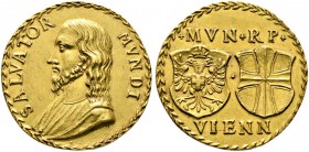 Wien, Stadt. Goldene Salvatormedaille im Gewicht von 6 Dukaten o.J. (nach 1616, vor 1663) unsigniert. SALVATOR-MVNDI (Erlöser oder Retter der Welt). D...