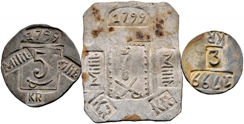 Böhmen, Tyn-Festung. Set von 3 einseitigen Militärmarken in Blei 1799 zu 3 Kreuz...