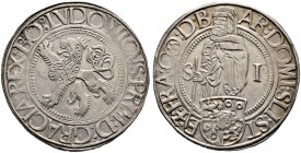 Schlick. Stephan und seine Brüder 1505-1526. Guldengroschen o.J. (1520/25) -Joachimsthal-. Ohne Münzzeichen(!). Gekrönter und doppelt geschwänzter, bö...